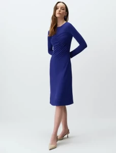 Blue Window Detailed Long Sleeve Elegant Midi Dress