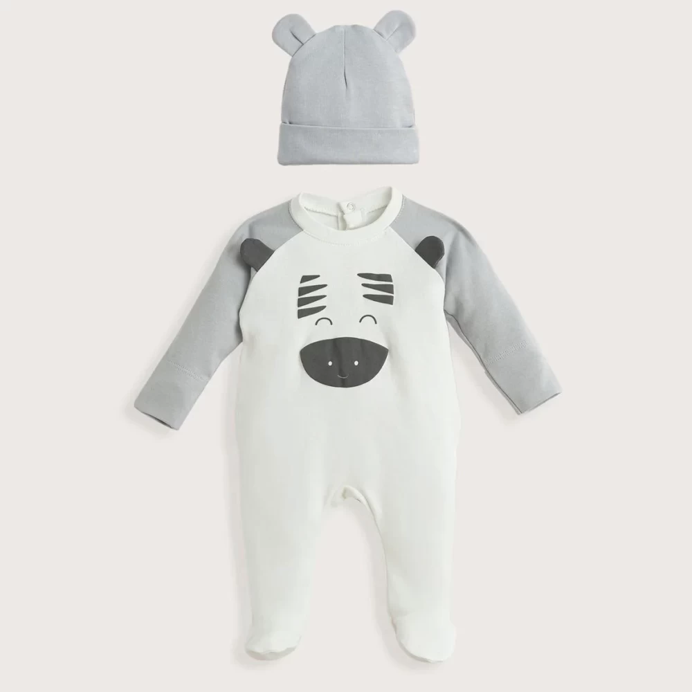 Grey Zebra Newborn Jumpsuit Hat Set